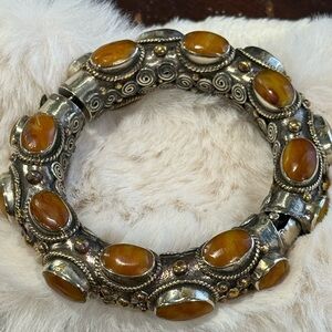 Antique Bracelet, Silver Amber, Tibet or Bhutan, Himalayan Tribal Bracelet